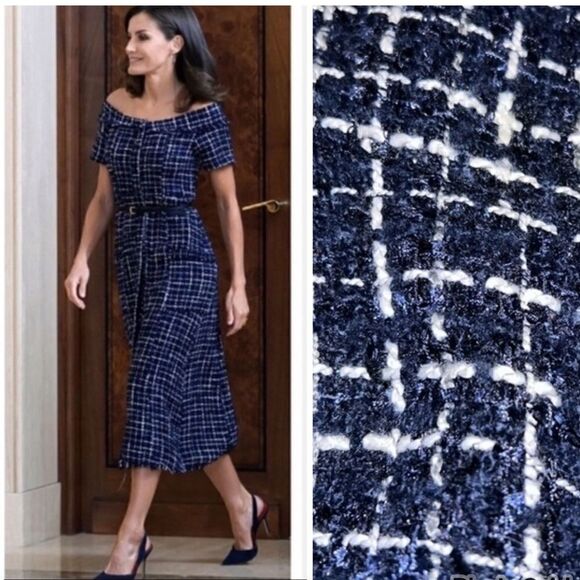 NWT Zara Tweed Navy Dress Jewel Buttons Medium - Picture 1 of 14